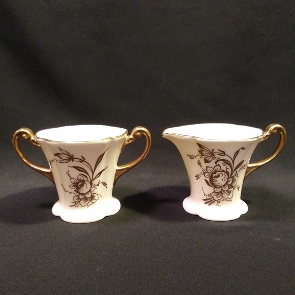 1930s Signed Pickard China 495/76 Sugar n Creamer Set Gold and Cream - Picture 1 of 10
